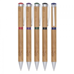 Brindes corporativos rj,caneta bambu com detalhes plásticos coloridos no anel e ponta superior. Clip de metal, aciona por giro.