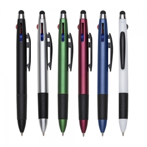 canetas plásticas três cores e ponteira touch, corpo colorido com detalhes emborrachados.